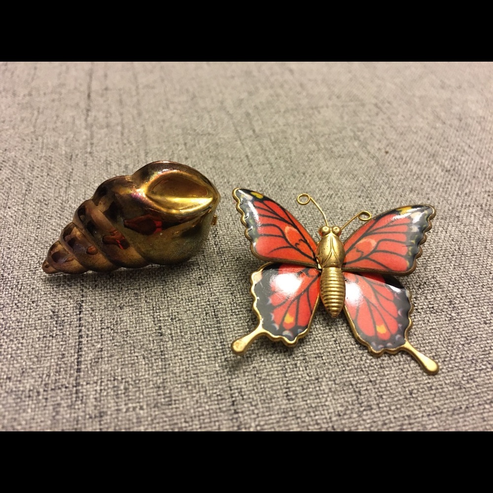 Orange Butterfly Pin Gold Shell